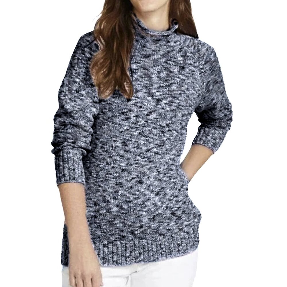 L.L. Bean Cotton Ragg Funnelneck Pullover Marled Knit Sweater Navy Sz M - NWOT